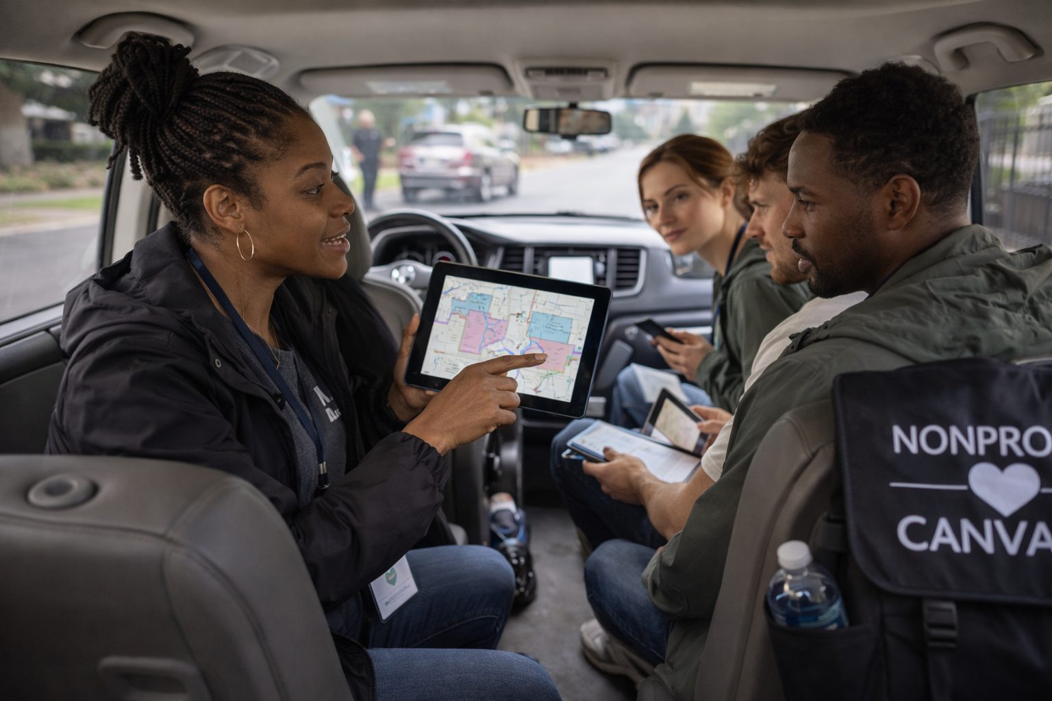 Canvass team reviewing territory maps and planning donor outreach strategy
