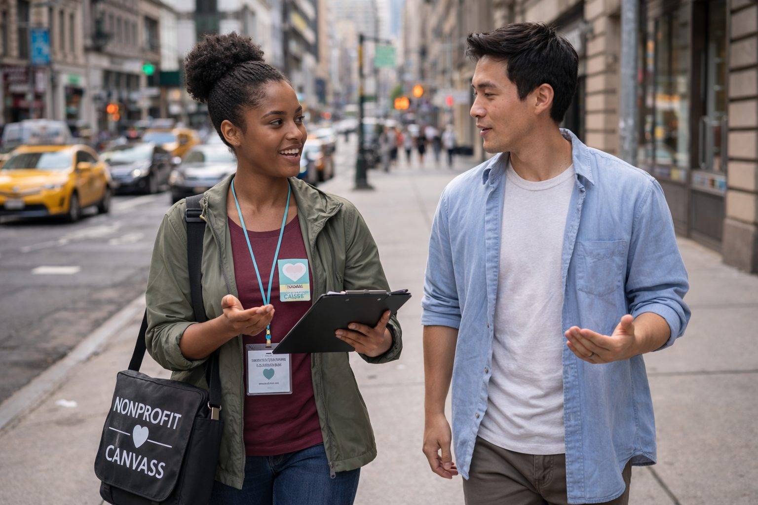 Street canvasser engaging a potential monthly donor in face-to-face conversation